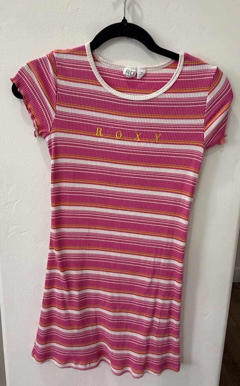 Roxy Girl Pink Striped Ribbed Short-Sleeve Dress Size M 10/12